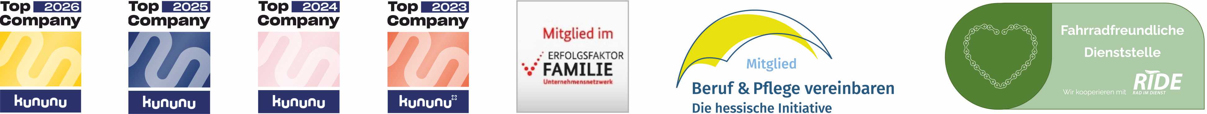 Bild: Top Company kununu 2026, 2025, 2024 und 2023. Mitglied im Erfolgsfaktor Familie Unternehmensnetzwerk, Mitglied in Beruf & Pflege vereinbaren, die hessische Initiative und Fahradfreundliche Dienststelle RIDE.