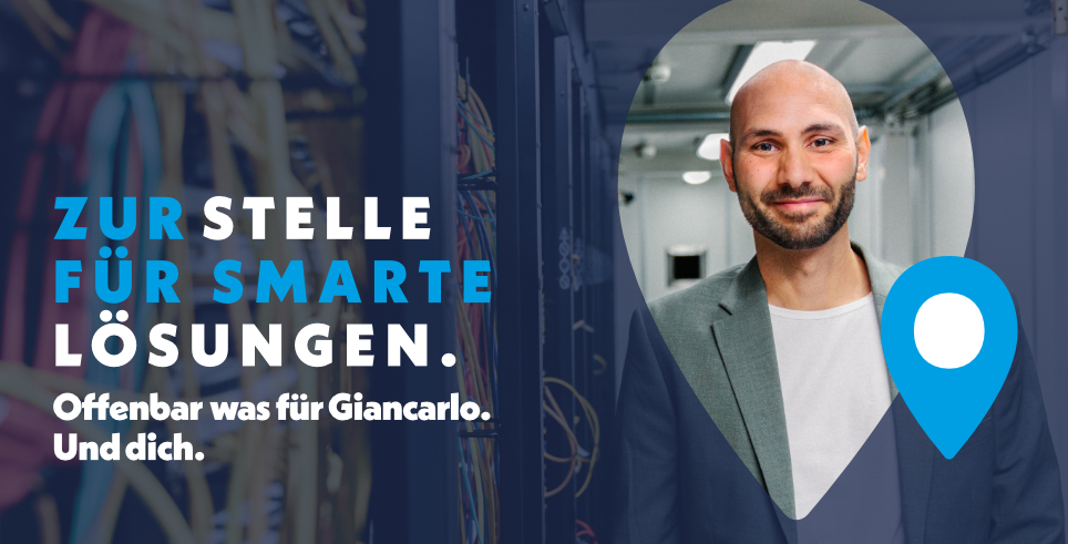 Bild: Werbeplakat mit einem lächenden Mann. Der Slogan heißt: Zur Stelle für smarte Lösungen. Offenbach was für Giancarlo. Und dich.